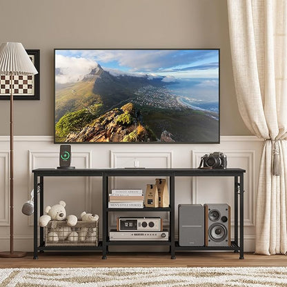 YGEOMER TV Stand for Tvs Up to 50 Inch, Entertainment Center with Power Outlet and Open Storage Shelves, TV Console Table for Living Room Bedroom, Black