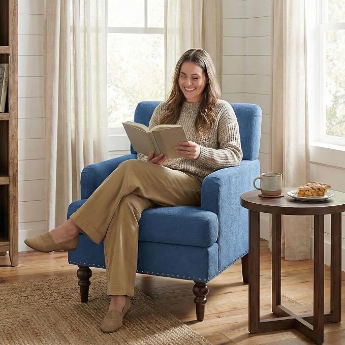 MALOL Upholstered Accent Chair, Comfy Reading Chair for Living Room, Mid Century Modern Armchair with Thick Cushion & Solid Rubberwood Legs, for Bedroom/Small Spaces, Blue
