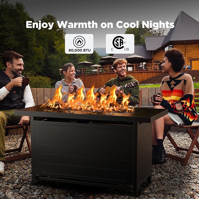 Ciays 43″ Propane Fire Pit with Glass Beads & Lid, 60,000 BTU CSA-Certified Gas Fire Pits with Cup Holders, Hanging Shelf & Nylon Cover, Large Fire Pit Table for Patio/Porch/Deck, Black
