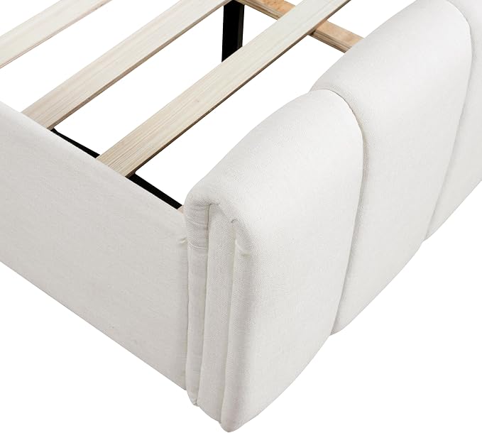 Merax King Size Upholstered Platform Bed with Thick Headboard and Footboard, Block Style Linen Fabric Bed Frame with Solid Wood Legs, Beige