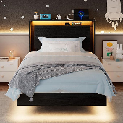 Einhomn Twin Bed Frames with LED Lights and Charging Station - Wood Floating Bed Frame with Storage Headboard, Adhesive Slats, Kick-Free & Noise-Free Design, Easy Assembly, Black