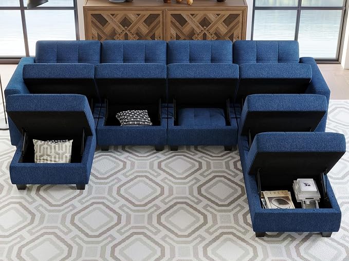 Belffin Modular Storage U-Shape Sectional Sofa Couch with Reversible Chaises 7-seat Sofa with Storage Seat Modular Sectional Sofa Set with Ottomans Modern Fabric Blue