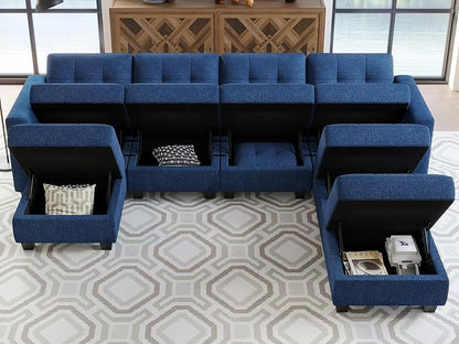 Belffin Modular Storage U-Shape Sectional Sofa Couch with Reversible Chaises 7-seat Sofa with Storage Seat Modular Sectional Sofa Set with Ottomans Modern Fabric Blue