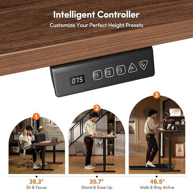 FEZIBO Small Standing Desk, 32 × 19 Inches Electric Height Adjustable, Sit and Stand Up, Computer Office Desk with Splice Board, Black Frame/Black Walnut Top