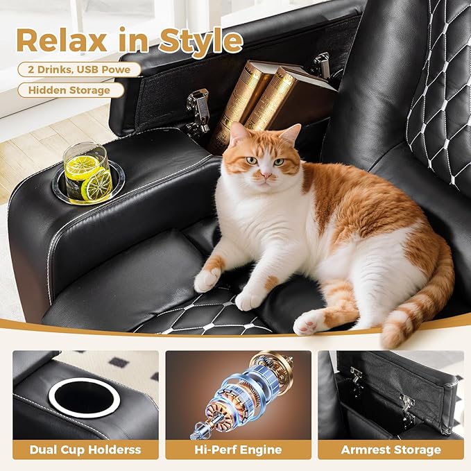 ANJ Power Recliner Chair Set of 3, Electric Soft Faux Leather Reclining Home Faux Theater Seating - USB Ports, Cup Holders, Hidden Arm Storage Movie & Media Room Chairs (Black)