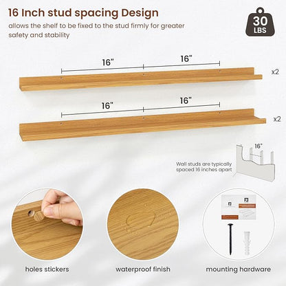 Axeman Picture Ledge Shelf | 48 Inch Oak Floating Shelves Set of 4 | Rustic Wood Wall Shelves with Lip | 48" Oak Picture Shelves for Wall with Ledge | Photo Shelves