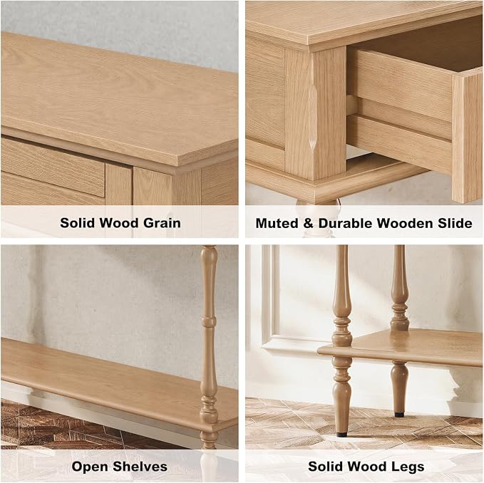 ARTPOWER Console Table for Entryway with 2 Drawers-Minimal Assembly,Retro Entryway Table with Storage Cabinets and Open Shelf,Narrow Long Couch Table Behind Sofa Set for Living Room,Foyer,Natural