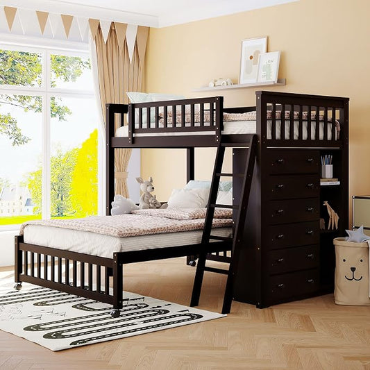 Merax Twin Over Full Bunk Bed with 6 Drawers and 3 Flexible Shelves, Wooden Bunk Bedframe with Storage and Movable Lower Bed, No Box Spring Needed