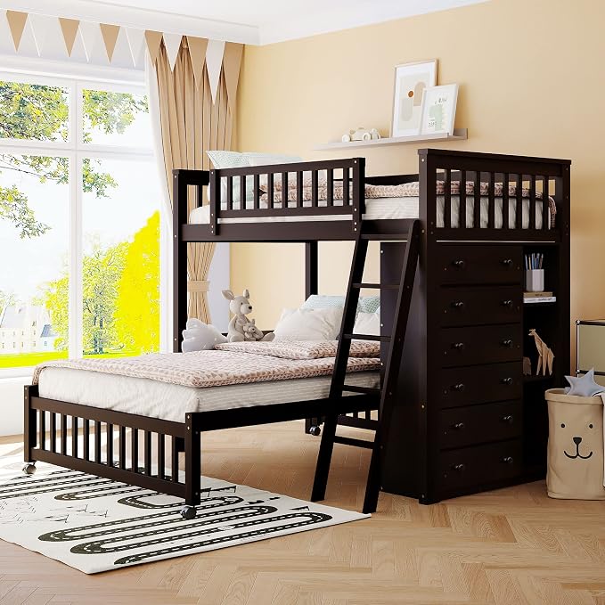 Harper & Bright Designs Twin Over Full Wood Bunk Bed with Cabinet, High Loft Bunk Bed with 6 Drawers and 3 Flexible Shelves for Kids Teens Adults (Espresso)