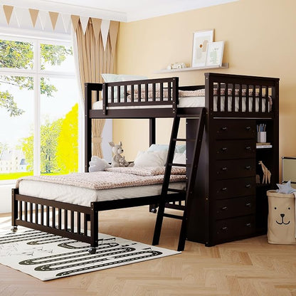Harper & Bright Designs Twin Over Full Wood Bunk Bed with Cabinet, High Loft Bunk Bed with 6 Drawers and 3 Flexible Shelves for Kids Teens Adults (Espresso)