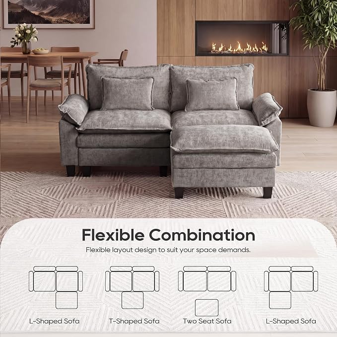 URRED Oversized Modular Sectional Sofa, 87" L Shaped Modern Comfy Cloud Couch with Movable Ottoman & Pillows, Deep Seat Couches for Living Room, Bedroom or Apartment (Chenille Gray, 87" L Shaped)