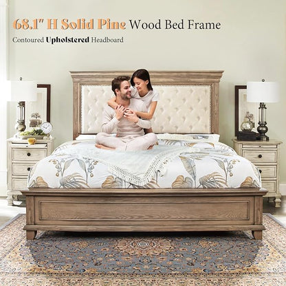 AMERLIFE King Size Solid Wood Bed Frame, Greige | Upholstered, Platform Bed