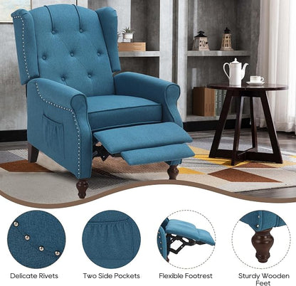 Wingback Recliner with Massage and Heat, Tufted Fabric Push Back Recliner Chair for Living Room, Vintage Wingback Chair with Remote Control, Small Recliners for Small Spaces