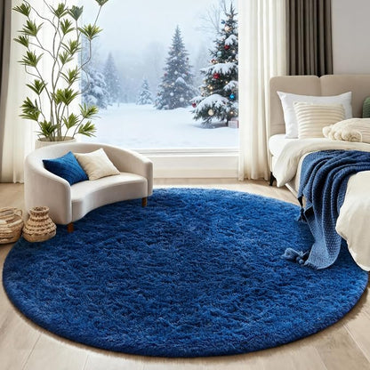 Ophanie Round Rug 6Ft Blue Circle Area Rug, Boys Room Decor, Fluffy Fuzzy Bedroom Carpet, Plush Soft Shaggy Living Room Rugs for Kids Home Aesthetic, Nursery with Over 99 pcs Pile fibers
