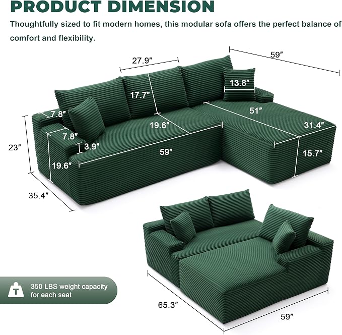Mangodan Cloud Sectional Sofa, Boneless Couch for Living Room, Modular Sectional Sofa with Deep Seat, Fluffy L-Shaped Comfy Couch with Right-Facing Chaise, No Assembly Required, Green