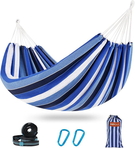Lazy Daze Hammocks Double Brazilian Cotton Hammock, Extra Large Portable Outdoor Camping Hammock with Tree Straps & Travel Bag for Backyard Patio Poolside Indoor, 550lbs Capacity, Blue