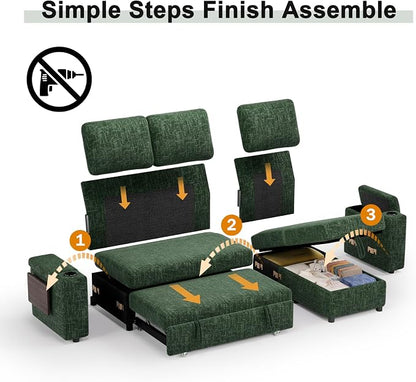 Vipbear Premium 86" Modular Sectional Chenille Sleeper Sofa, 3 Seat Sleeper Sofa with Pull Out Bed, L Shaped Couch with USB Ports|Storage Armrests&Chaise|Cup Holders| Side Table, Green