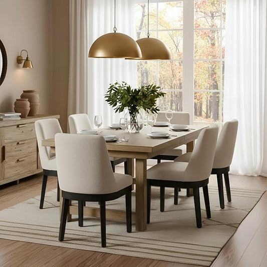 RIVOVA Upholstered Dining Chairs Set of 6, Modern Wooden Dining Room Chair Linen Fabric Kitchen Chairs Farmhouse Dinner Chair with Black Hardwood Frame, Beige
