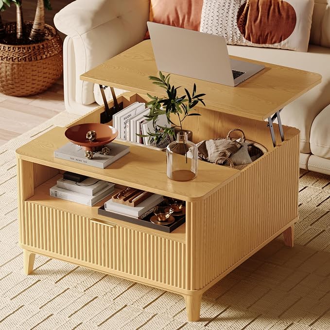 31.5" Square Fluted Lift Top Coffee Table for Living Room, Fluted Lift Top Coffee Tables with Hidden Storage, Modern Center Table,Giratree Stand Up Coffee Table for Home Living Room Office