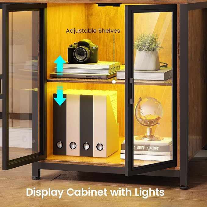 SEDETA 78.7” Large L Shaped Desk with Storage Drawers, Office Desk with File Drawer and Display Cabinet, L Shaped Gaming Desk with Storage, Power Outlet and LED Lights for Home Office, Rustic Brown