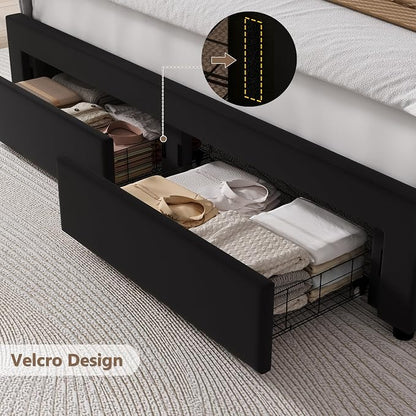 HITHOS King Upholstered LED Bed Frame with 2 Storage Drawers, Velvet Platform Bed with Wingback Headboard, Solid Wooden Slats Support, No Box Spring Needed, Headboard Splicing Design