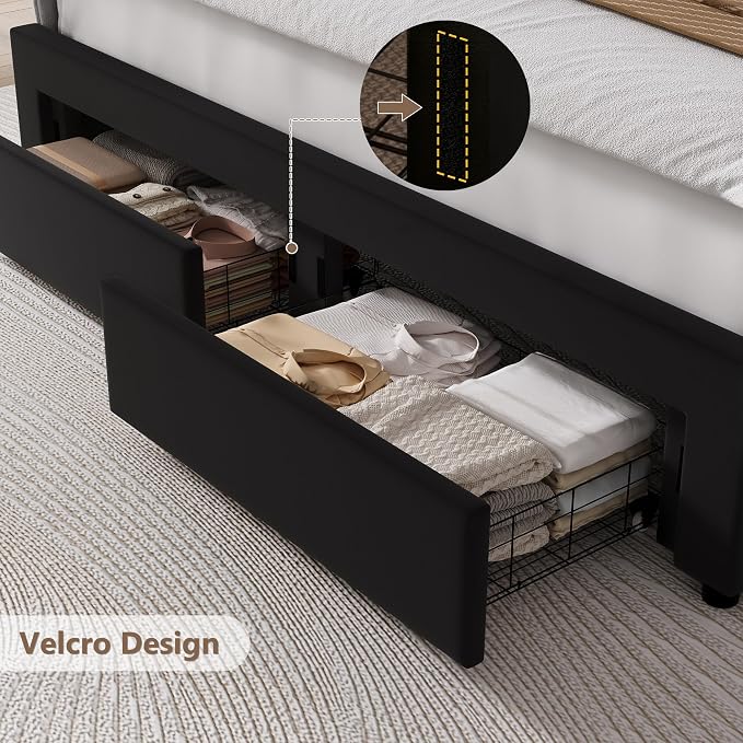 HITHOS Queen Upholstered LED Bed Frame with 2 Storage Drawers, Velvet Platform Bed with Wingback Headboard, Solid Wooden Slats Support, No Box Spring Needed, Headboard Splicing Design, Black
