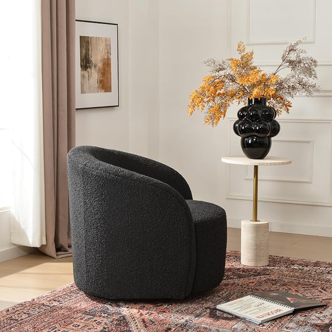 KINWELL 34" W Mid Century Modern Swivel Barrel Chair, Round Upholstered Boucle Swivel Accent Chairs, No Assembly Sofa Chair for Living Room Bedroom Reading Apartment Lounge Nursery(Black)
