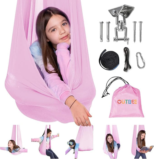 OUTREE Sensory Swing for Kids with 360° Swivel Hanger, Indoor Therapy Swing Great for Autism, ADHD, Sensory Processing Disorder, and Autistic Children (Pink)