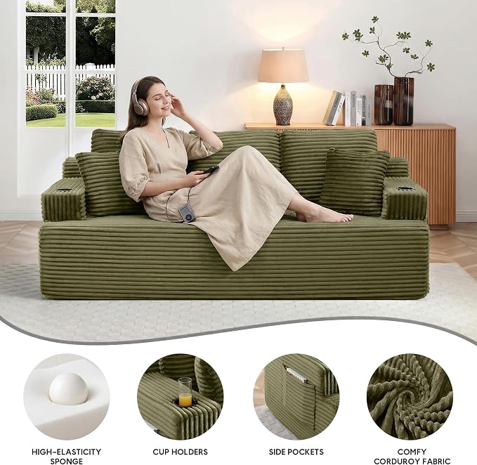 86.2'' Boneless Sofa Couch with Cup Holders & Side Pockets, Modern Corduroy Fabric Upholstered 3-seat Couch with 2 Throw Pillows for Living Room, Office, No Assembly (Green)