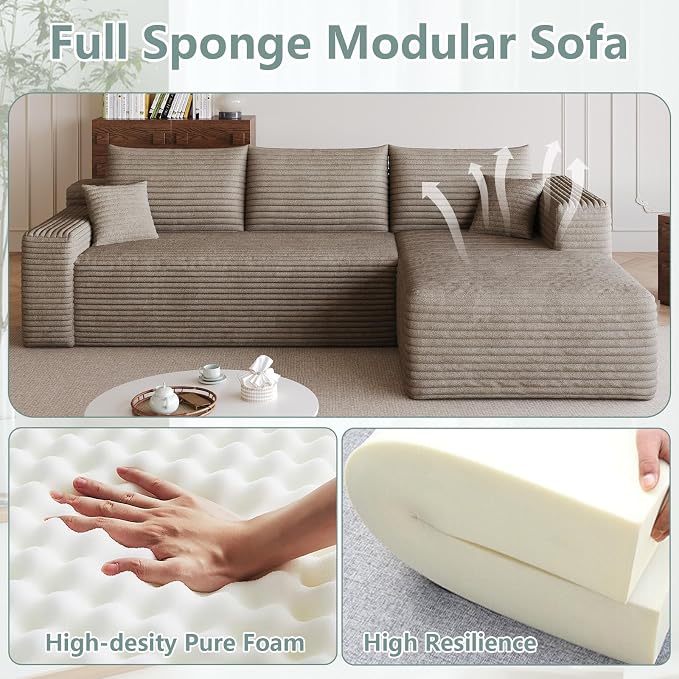 95" Modular Sectional Sofa, Modern Corduroy Cloud Couch with Side Pockets, Boneless Couch Upholstered 3-Seater L-Shaped Sofa for Living Room, No Assembly Required (Camel,Right-Facing Chaise)