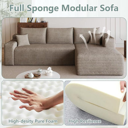 95" Modular Sectional Sofa, Modern Corduroy Cloud Couch with Side Pockets, Boneless Couch Upholstered 3-Seater L-Shaped Sofa for Living Room, No Assembly Required (Camel,Right-Facing Chaise)