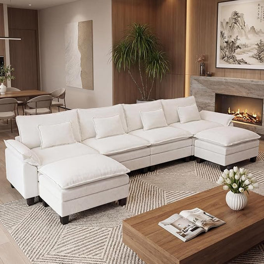 URRED Oversized Modular Sectional Sofa, 157" U Shaped Modern Comfy Cloud Couch with Movable Ottoman & Pillows, Deep Seat Couches for Living Room, Bedroom or Apartment (Chenille Beige, 157" U Shaped)