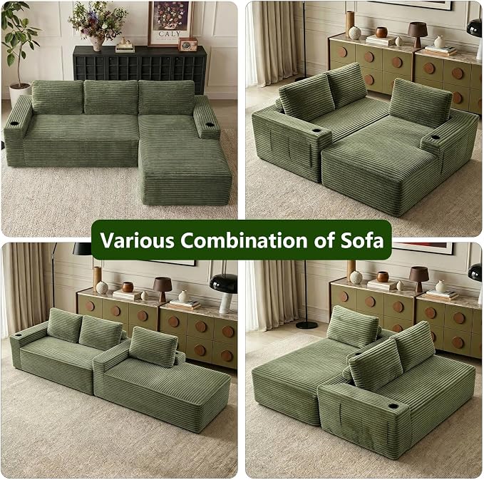 104.3" Modular Sectional Sofa,Modern Corduroy Cloud Couch with Cup Holder & Side Pockets,Boneless Couch Upholstered 4-Seater L-Shaped Sofa for Living Room,No Assembly (Green, Right-Facing Chaise) | with Cup Holder