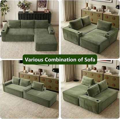 104.3" Modular Sectional Sofa,Modern Corduroy Cloud Couch with Cup Holder & Side Pockets,Boneless Couch Upholstered 4-Seater L-Shaped Sofa for Living Room,No Assembly (Green, Right-Facing Chaise) | with Cup Holder