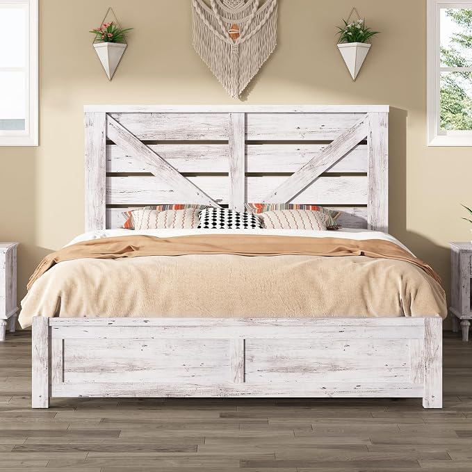 AMERLIFE Queen Size Bed Frame with 49.2" Barn Door Headboard and Footboard, Farmhouse Platform Bed Frame with Wood Slats, No Box Spring Needed, Under Bed Storage, Distressed White