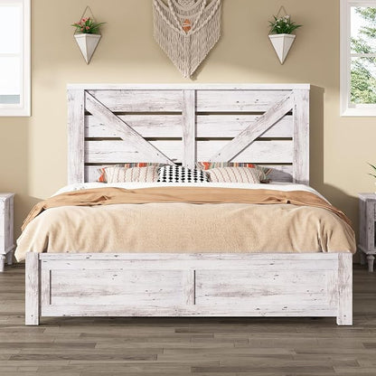 AMERLIFE Queen Size Bed Frame with 49.2" Barn Door Headboard and Footboard, Farmhouse Platform Bed Frame with Wood Slats, No Box Spring Needed, Under Bed Storage, Distressed White