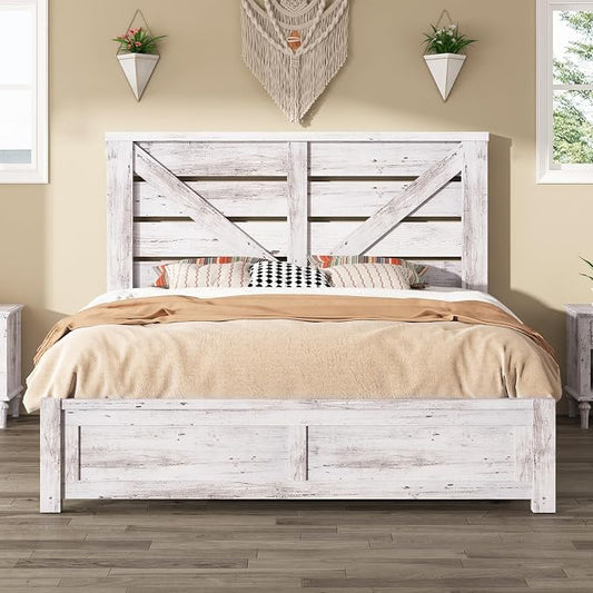 AMERLIFE Queen Size Bed Frame with 49.2" Barn Door Headboard and Footboard, Farmhouse Platform Bed Frame with Wood Slats, No Box Spring Needed, Under Bed Storage, Distressed White