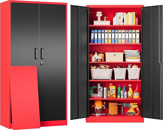 6 Tier Garage Storage Cabinet with 5 Adjustable Shelves,Metal Storage Cabinet with Lock,Red Black Metal Cabinet with Locking Doors,Steel Locker,71" Lockable Storage Cabinets for Home,Office,Garage
