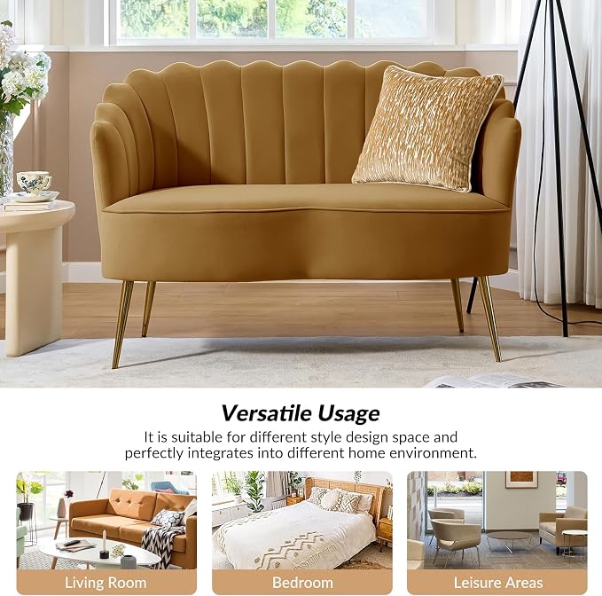 Velvet Upholstered Loveseat Sofa with Gold Metal Legs, Modern Comfy Small Love Seat with Flower Shaped Back, 2-Seater Sofa Accent Couch for Living Bedroom Leisure Areas, Golden