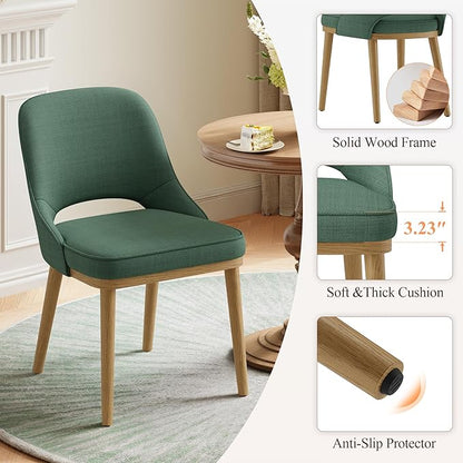 Modern Upholstered Dining Chairs Set of 4, Open Back with Solid Wood Legs, Ergonomic Curved Back Fabric Kitchen Chairs for Dining Room & Kitchen, Living Room Side Chairs, Farmhouse, Green