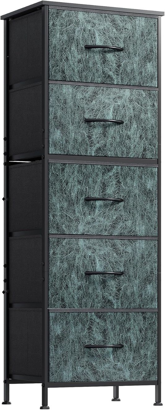 WLIVE Fabric Dresser, 5-Drawer Tall Dressers for Bedroom, Storage Dresser Organizer with Fabric Bins, Wood Top, Sturdy Steel Frame, Chest of Drawers for Closet, Hallway, Vintage Green