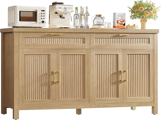usikey 63" Buffet Cabinet with Storage, Large Sideboard Buffet Cabinet with 2 Adjustable Shelves and 2 Drawers, Modern Fluted Coffee Bar for Kitchen, Living Room, Natural