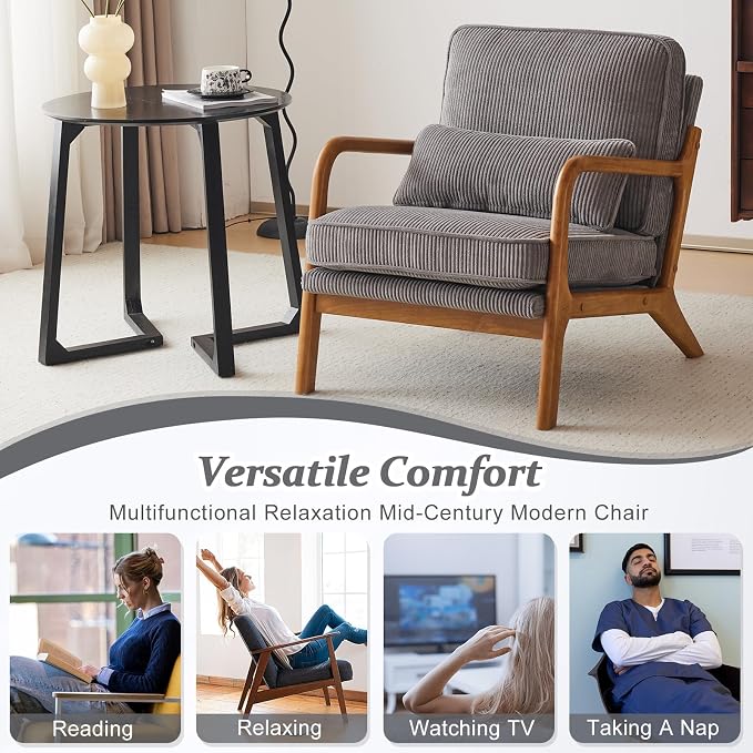 VINGLI Upgraded Premium Corduroy Accent Chair,Upholstered Arm Chair,Solid Wood Comfy Reading Chair with Lumbar Pillow, Mid Century Modern Chairs for Living Room,Bedroom,Guest Room,Light Grey