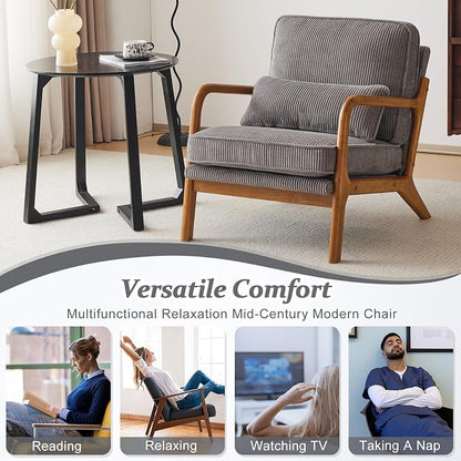 VINGLI Upgraded Premium Corduroy Accent Chair,Upholstered Arm Chair,Solid Wood Comfy Reading Chair with Lumbar Pillow, Mid Century Modern Chairs for Living Room,Bedroom,Guest Room,Light Grey