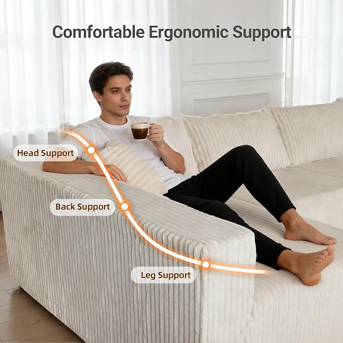 128" U-Shaped Modular Sofa, Modern Cloud Couch with Double Chaise, Sectional Boneless Couch with Pillows, Deep Seat Sofa for Living Room Bedroom, No Assembly Required, Khaki