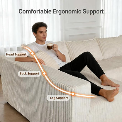 128" U-Shaped Modular Sofa, Modern Cloud Couch with Double Chaise, Sectional Boneless Couch with Pillows, Deep Seat Sofa for Living Room Bedroom, No Assembly Required, Khaki