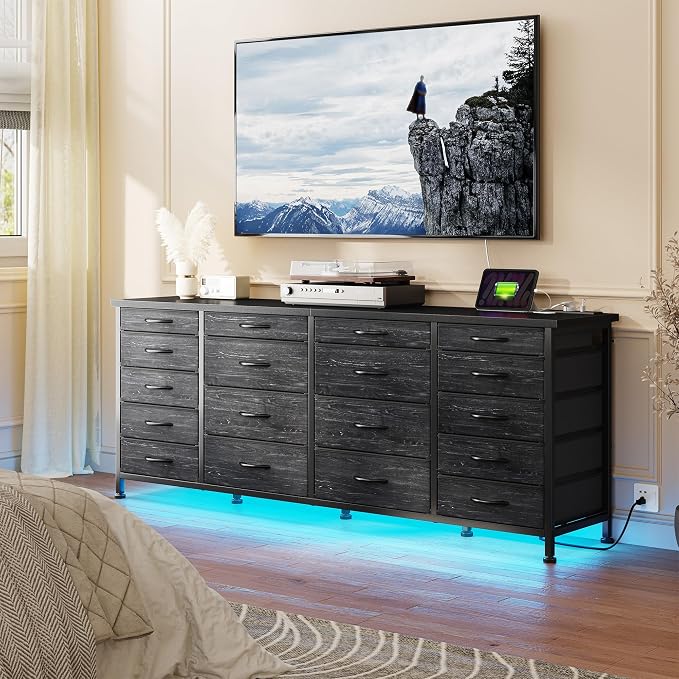 EnHomee 63" W Black TV Stand for Living Room, 18 Drawers, LED & Charging | Long Dresser for 65"-75" TV, Deep Drawer, Spacious Storage, Drawers Glide, No Wobbling, Anti-tip, Easy Assembly, Wipes Clean