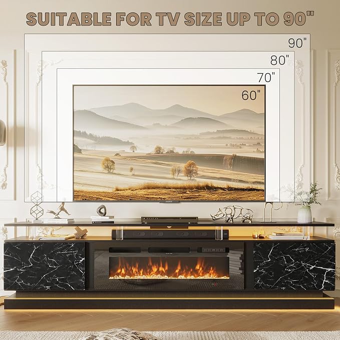 80" Fireplace TV Stand, Modern Entertainment Center for TVs Up to 90", TV Console with Storage Cabinets, Media Console for Living Room, Marble Black TV Stand and Black Fireplace