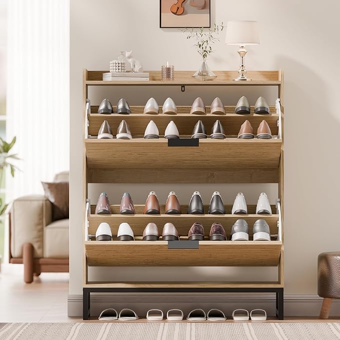 MU Shoe Storage Cabinet with 2 Flip Drawers, Freestanding Fluted Shoe Cabinet, Narrow Wood Shoe Cabinet, Hidden Shoe Organizer with Metal Legs for Entryway, Foyer, Hallway