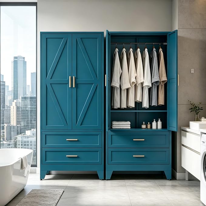 71" H Blue Closet,Armoire Wardrobe Closet,Metal Wardrobe Closet with Doors and Shelves,Large Wardrobe Closet for Bedroom